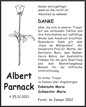 Traueranzeige von Albert Parnack von WochenKurier