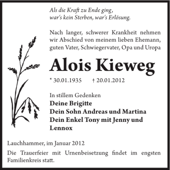 Traueranzeige von Alois Kieweg von WochenKurier