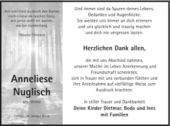 Traueranzeige von Anneliese Nuglisch von WochenKurier