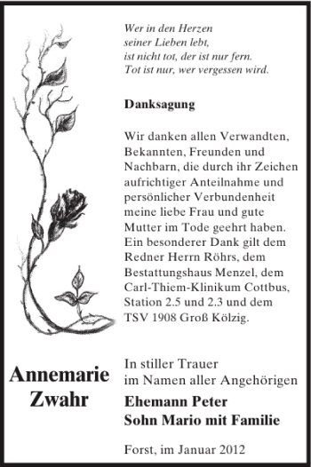 Traueranzeige von Annemarie Zwahr von WochenKurier