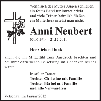 Traueranzeige von Anni Neubert von WochenKurier