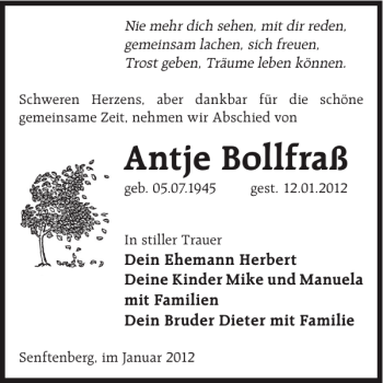 Traueranzeige von Antje Bollfraß von WochenKurier