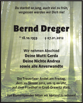 Traueranzeige von Bernd Dreger von WochenKurier