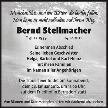 Traueranzeige von Bernd Stellmacher von WochenKurier