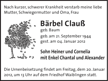 Traueranzeige von Bärbel Clauß von WochenKurier