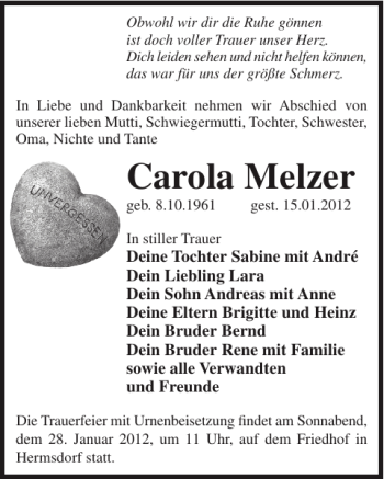 Traueranzeige von Carola Melzer von WochenKurier