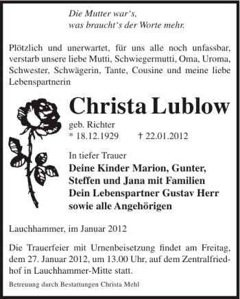 Traueranzeige von Christa Lublow von WochenKurier