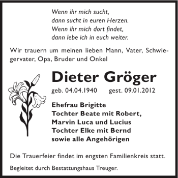 Traueranzeige von Dieter Gröger von WochenKurier