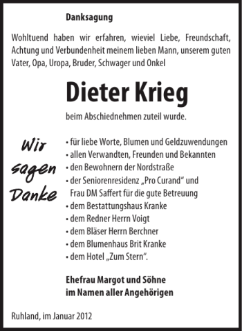 Traueranzeige von Dieter Krieg von WochenKurier