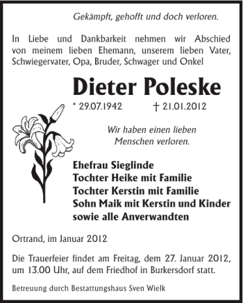 Traueranzeige von Dieter Poleske von WochenKurier