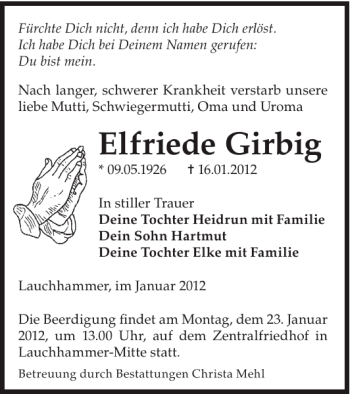 Traueranzeige von Elfriede Girbig von WochenKurier
