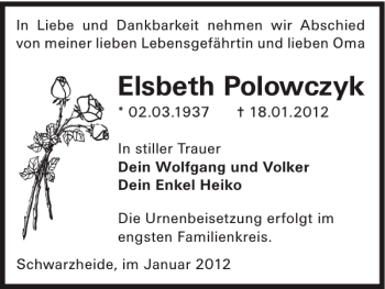 Traueranzeige von Elsbeth Polowczyk von WochenKurier