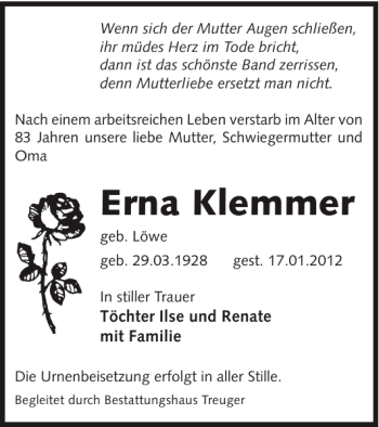 Traueranzeige von Erna Klemmer von WochenKurier