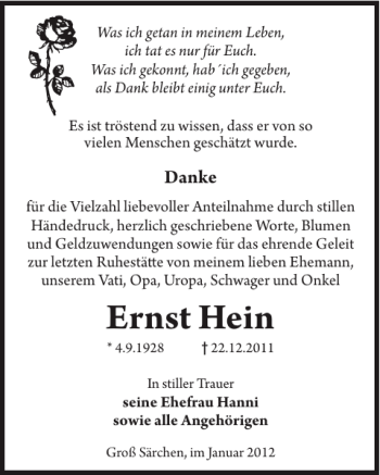 Traueranzeige von Ernst Hein von WochenKurier