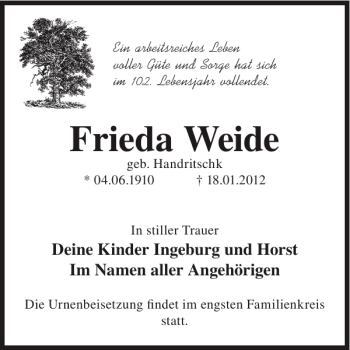 Traueranzeige von Frieda Weide von WochenKurier