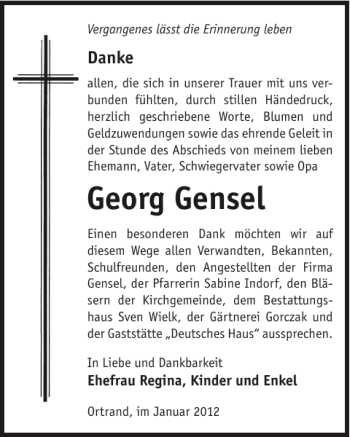 Traueranzeige von Georg Gensel von WochenKurier