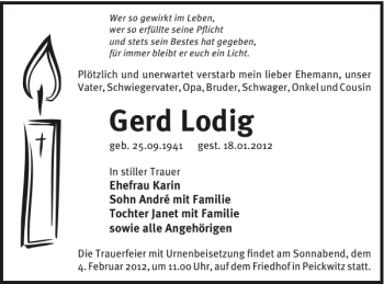 Traueranzeige von Gerd Lodig von WochenKurier