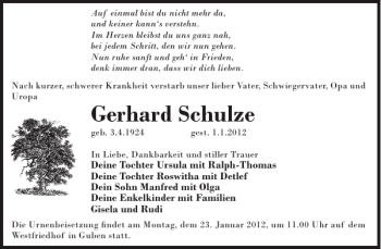Traueranzeige von Gerhard Schulze von WochenKurier
