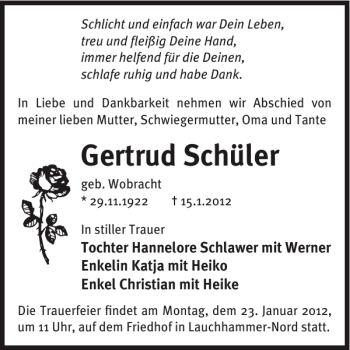 Traueranzeige von Gertrud Schüler von WochenKurier