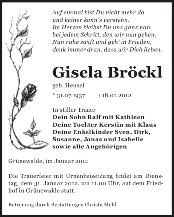 Traueranzeige von Gisela Bröckl von WochenKurier