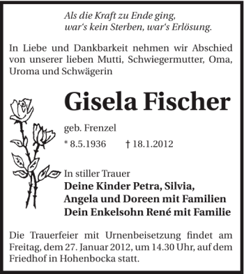 Traueranzeige von Gisela Fischer von WochenKurier