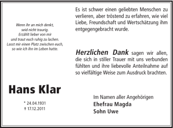 Traueranzeige von Hans Klar von WochenKurier