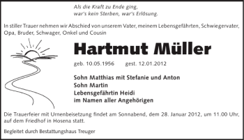 Traueranzeige von Hartmut Müller von WochenKurier