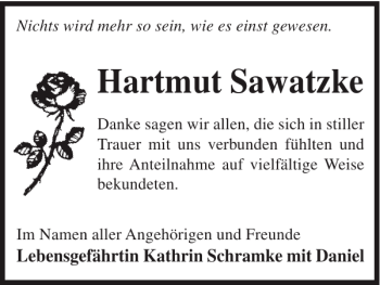 Traueranzeige von Hartmut Sawatzke von WochenKurier