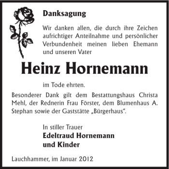 Traueranzeige von Heinz Hornemann von Wochen Kurier