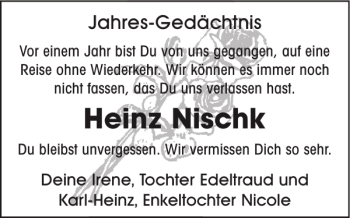 Traueranzeige von Heinz Nischk von WochenKurier