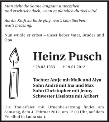 Traueranzeige von Heinz Pusch von WochenKurier