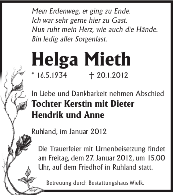 Traueranzeige von Helga Mieth von WochenKurier
