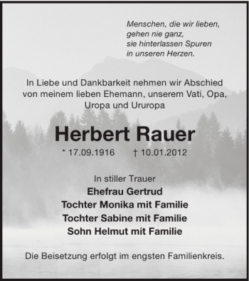 Traueranzeige von Herbert Rauer von WochenKurier