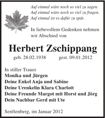 Traueranzeige von Herbert Zschippang von WochenKurier