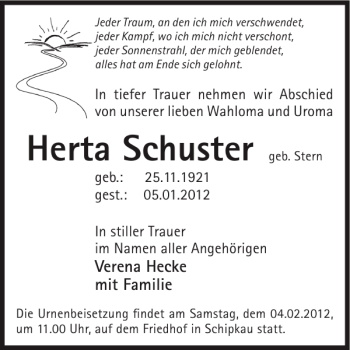 Traueranzeige von Herta Schuster von WochenKurier