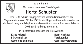 Traueranzeige von Herta Schuster von WochenKurier