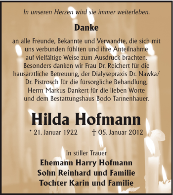 Traueranzeige von Hilda Hofmann von WochenKurier