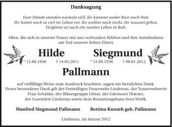 Traueranzeige von Hilde Siegmund Pallmann von WochenKurier