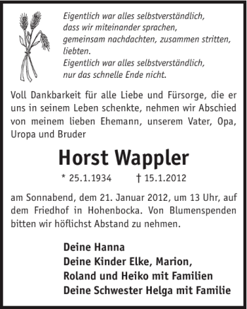 Traueranzeige von Horst Wappler von WochenKurier