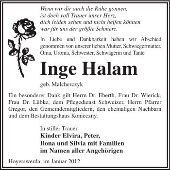 Traueranzeige von Inge Halam von WochenKurier