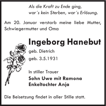 Traueranzeige von Ingeborg Hanebut von WochenKurier