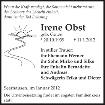 Traueranzeige von Irene Obst von WochenKurier