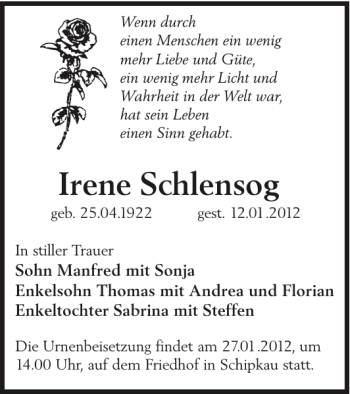 Traueranzeige von Irene Schlensog von WochenKurier