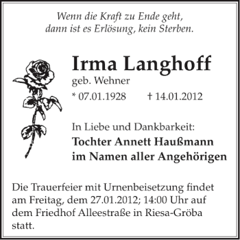 Traueranzeige von Irma Langhoff von WochenKurier