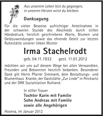 Traueranzeige von Irma Stachelrodt von WochenKurier