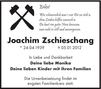 Traueranzeige von Joachim Zschieschang von WochenKurier