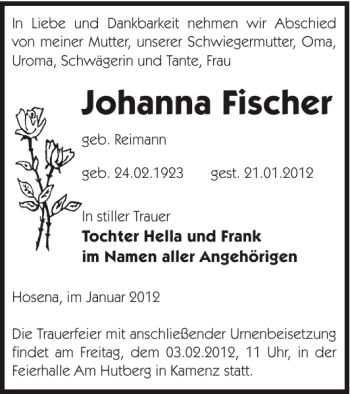 Traueranzeige von Johanna Fischer von WochenKurier