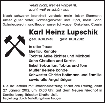Traueranzeige von Karl Heinz Lupschik von WochenKurier