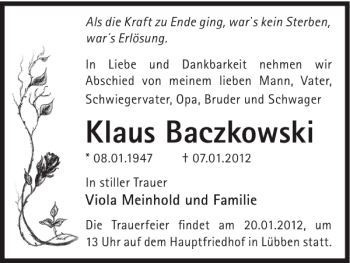 Traueranzeige von Klaus Baczkowski von WochenKurier