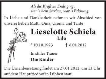 Traueranzeige von Lieselott e Schiela von WochenKurier